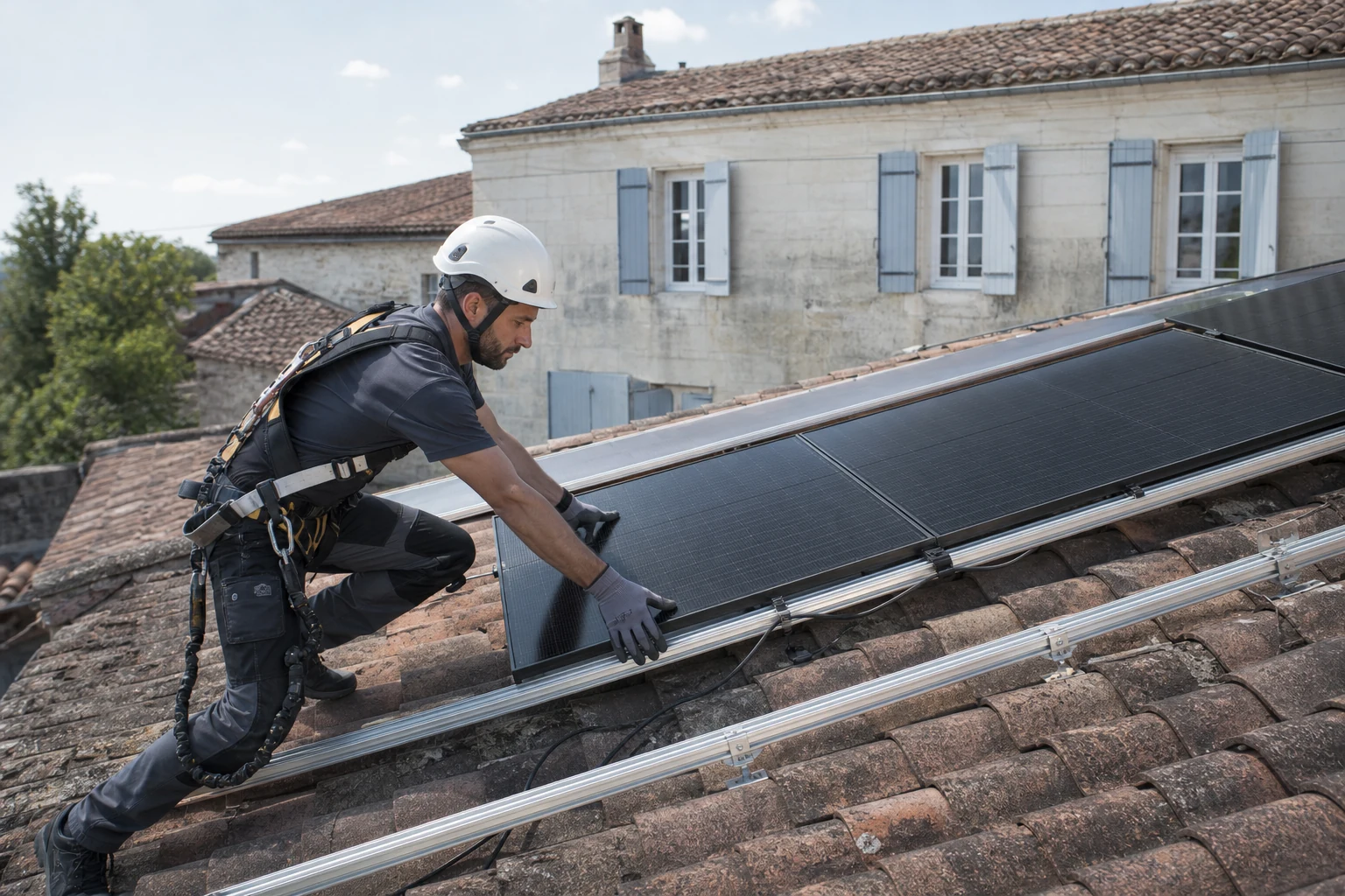 Pose professionnelle de modules photovoltaïques sur une toiture en tuiles