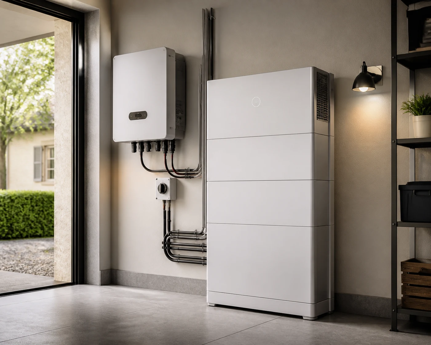 Batterie solaire installée dans un garage ventilé